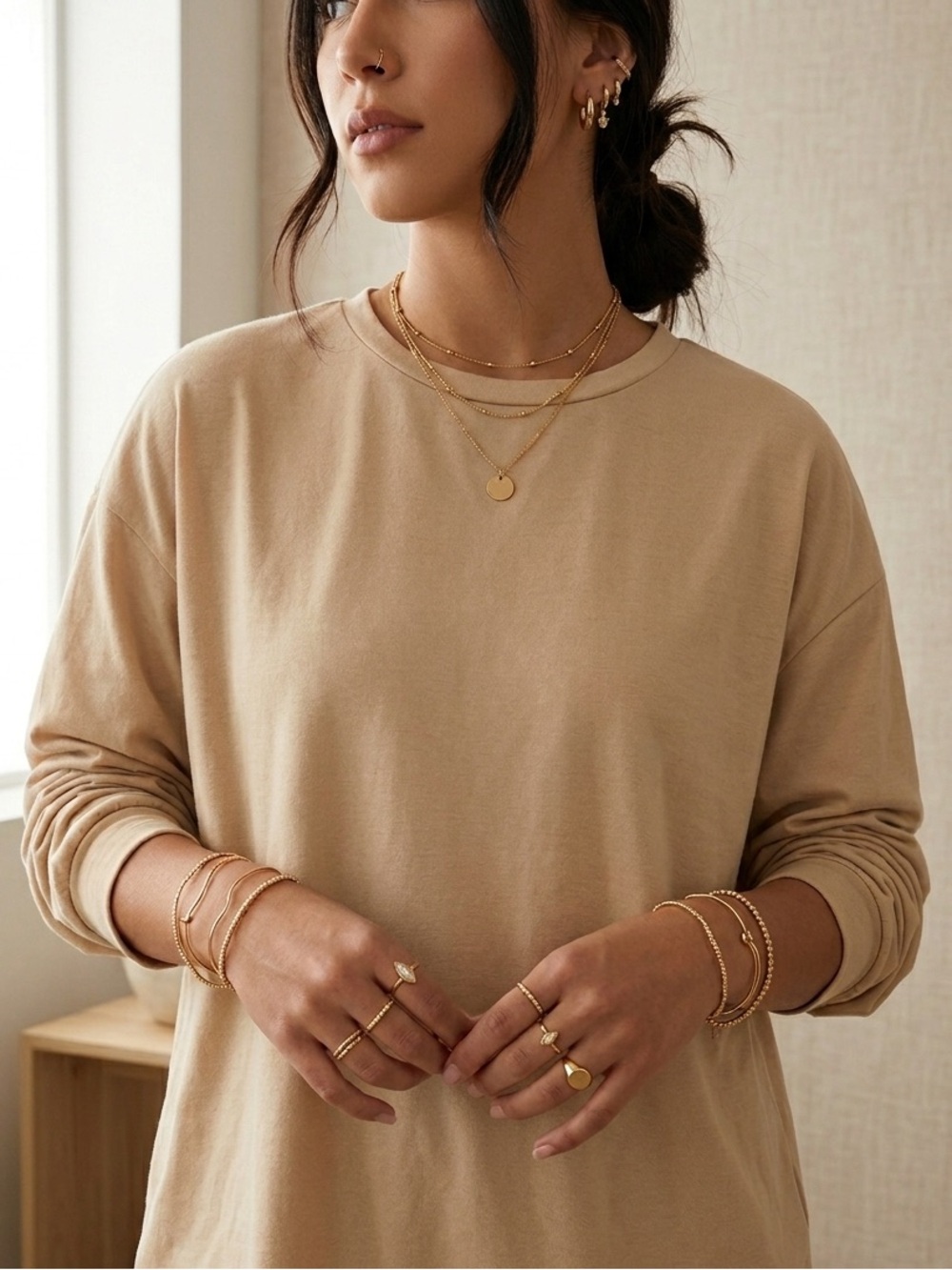 SHEIN Tan Mountain Compass Graphic Long Sleeve
